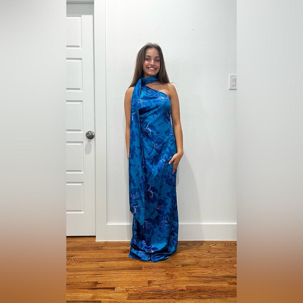 Vince Camuto Floral Mock Neck One-Shoulder Gown